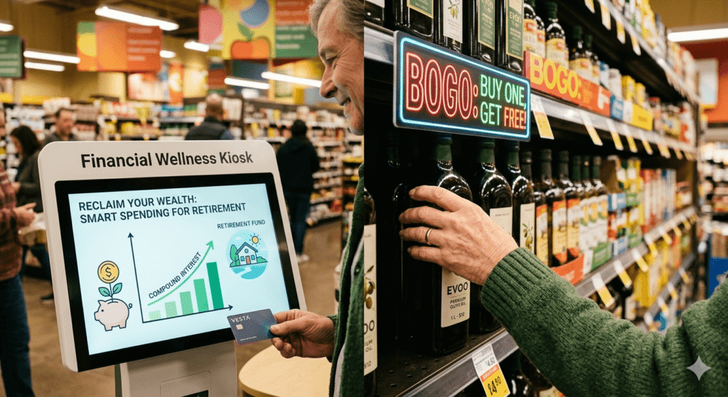 A senior shopper looking at a grocery store shelf with a BOGO sign while considering smart spending for retirement using a financial kiosk showing a compound interest growth chart.