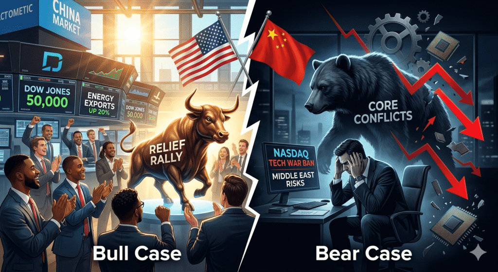 A split-screen illustration contrasting the positive and negative market views of the US-China summit. The left side (Bull Case) shows a bright trading floor with a golden bull labeled 'Relief Rally' and a monitor displaying 'Dow Jones 50,000'. The right side (Bear Case) shows a dark room with a roaring grizzly bear labeled 'Core Conflicts' and a stressed investor looking at a screen with tech war and Middle East risks.