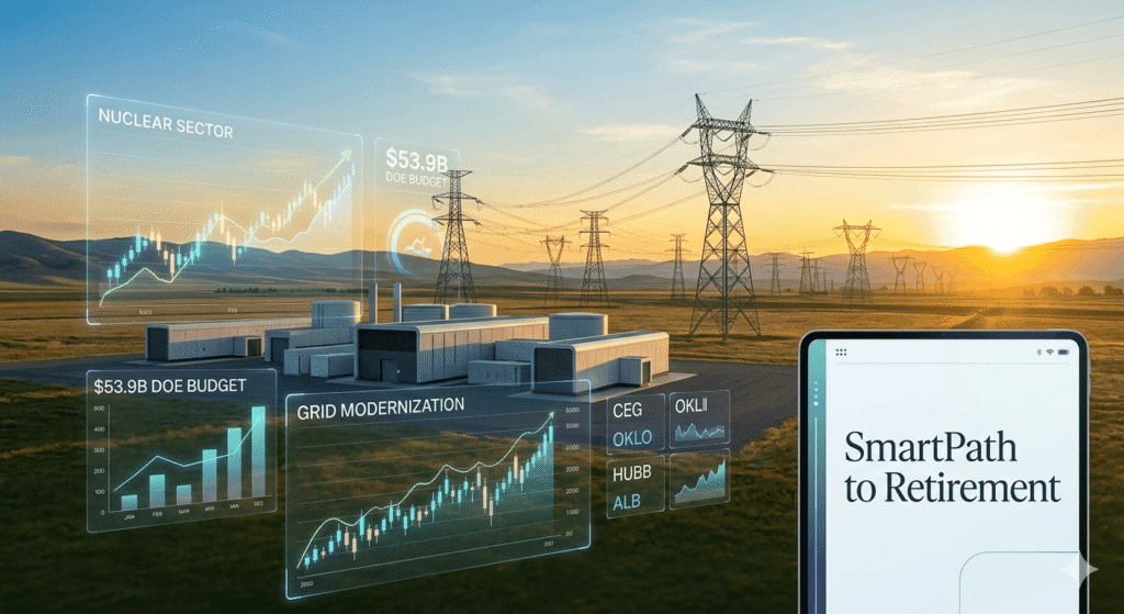 A professional visualization of the 2027 US energy budget impact, showing SMR nuclear plants, power grids, and rising stock charts for the SmartPath to Retirement blog.