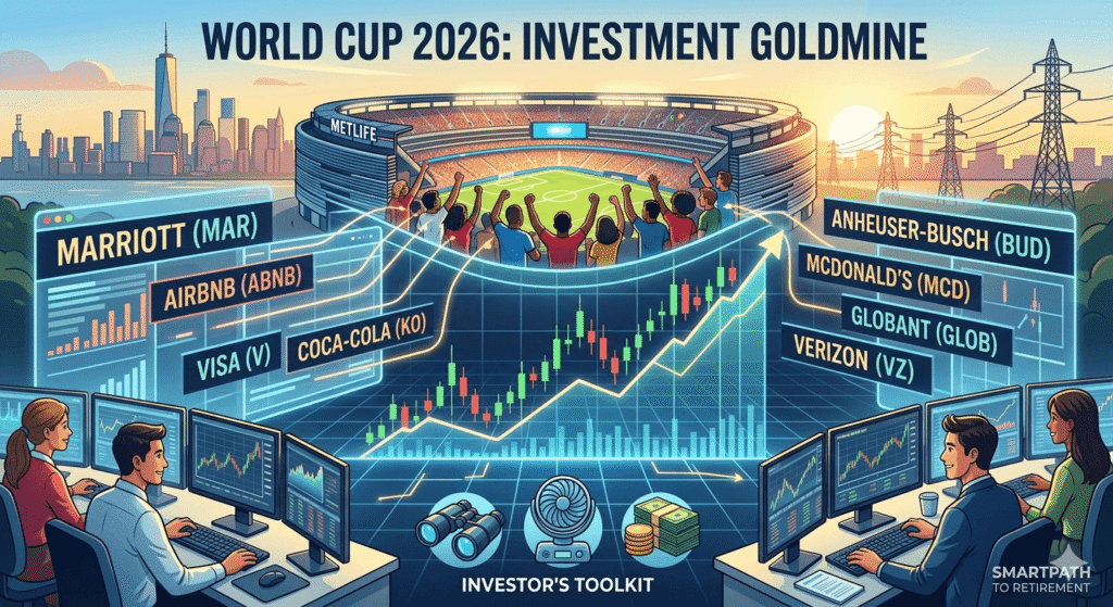 A professional illustration featuring MetLife Stadium and the NYC skyline at sunset for the 2026 World Cup, with the title "WORLD CUP 2026: INVESTMENT GOLDMINE." An upward-trending stock graph overlays the stadium with ticker symbols for key beneficiaries: MARRIOTT (MAR), AIRBNB (ABNB), VISA (V), COCA-COLA (KO), MCDONALD'S (MCD), ANHEUSER-BUSCH (BUD), VERIZON (VZ), GLOBANT (GLOB). Active traders work in the foreground, and the bottom section features an "INVESTOR'S TOOLKIT" with compact binoculars, a portable waist fan, and a "SMARTPATH TO RETIREMENT" watermark, illustrating a retirement portfolio strategy for local business owners and investors in the CT/NYC region.
