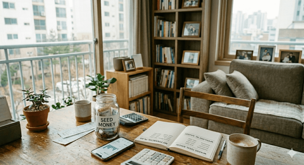 A tranquil, close-up photograph capturing an organized wooden desk set up for a personal financial plan, inspired by the concept of building seed money through small savings for retirement. In the foreground, a clear glass savings jar labeled "SEED MONEY" in black text is filled with a variety of coins and some paper currency. Next to it are a smartphone displaying a positive growth chart app, a digital calculator, and an open planner notebook with the handwritten title "MY FINANCIAL PLAN," showing budget entries and a savings total of "$450000" and "$4500.00" on its pages. A cozy ceramic mug with coffee, a pen, and a potted jade plant are also on the desk. The blurred background shows a comfortable apartment living room with a bookshelf, framed family photos on a side table, a grey fabric sofa with a cushion, and a large window overlooking a city landscape with distant apartment buildings under a natural, soft daylight. The atmosphere is calm, methodical, and realistic, emphasizing practical steps towards long-term financial goals without any people present.
