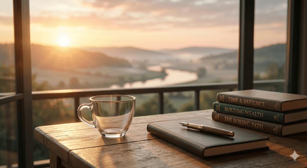 A calm morning desk with a coffee cup and wealth building books, perfect for a long term SCHD ETF for beginners strategy.
