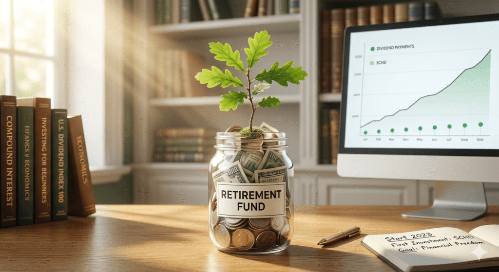 SCHD ETF for beginners showing a retirement fund jar with a growing plant and stock charts in the background.